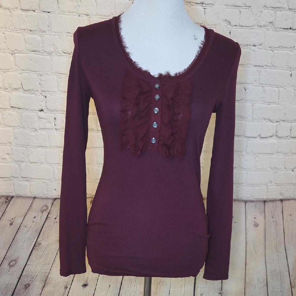Banana Republic Burgundy Long Sleeve Top with Ruffle Detail